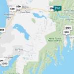 A map showing a handful of available Airbnb listings and their prices from Airbnb.com, June 21, 2019, in Kenai, Alaska.