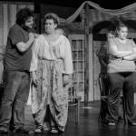 Actors rehearse a scene from William Shakespeares Much Ado About Nothing on June 24, 2019, at the Pier One Theatre in Homer, Alaska. From left to right are 4. Peter Sheppard as Dogberry, Lydia Thomas as Borachio, and Alison Rambo as Conrad. (Photo by Sue Briggs)