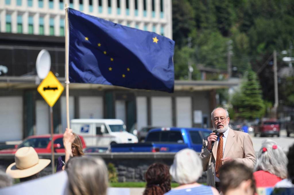 Joe Geldhof speaks against Pebble Mine. (Michael Penn | Juneau Empire)