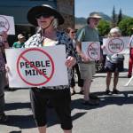 Judy Cavanaugh stands with others at a rally against the Pebble Mine in front of Sen. Lisa Murkowskis Juneau office on Tuesday. (Michael Penn | Juneau Empire)
