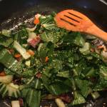 Stir Fry Bok Choy makes a good side dish for salmon patties, as seen here July 7, 2019, in Teri Robls Homer, Alaska, kitchen. (Photo by Teri Robl)