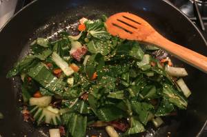Stir Fry Bok Choy makes a good side dish for salmon patties, as seen here July 7, 2019, in Teri Robls Homer, Alaska, kitchen. (Photo by Teri Robl)
