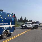 A pickup truck involved in a fatal car crash on July 7, 2019, rests on the side of the road near Mile 142 Sterling Highway, Happy Valley, Alaska. The pickup truck driver survived, but the driver of a second car involved in the crash, Michael Franklin, 18, of Palmer, Alaska, died of his injuries. (Photo by Jon Marsh/Anchor Point Fire and EMS)