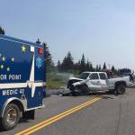 A pickup truck involved in a fatal car crash on July 7, 2019, rests on the side of the road near Mile 142 Sterling Highway, Happy Valley, Alaska. The pickup truck driver survived, but the driver of a second car involved in the crash, Michael Franklin, 18, of Palmer, Alaska, died of his injuries. (Photo by Jon Marsh/Anchor Point Fire and EMS)