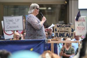 Hundreds attend a rally in front of the Capitol calling for an override of Gov. Mike Dunleavys budget vetos on the first day of the Second Special Session of the Alaska Legislature in Juneau on Monday, July 8, 2019. (Michael Penn | Juneau Empire)