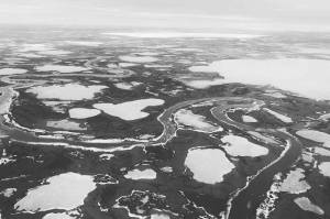 Flying over western Alaska, home to numerous Yupik communities, April 15, 2019. (Photo by Victoria Petersen/Peninsula Clarion)
