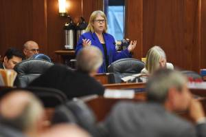 Rep. Tammie Wilson, R-North Pole, speaks against an override vote during a Joint Session of the Alaska Legislature to vote on an override of Gov. Mike Dunleavys budget vetoes at the Capitol on Wednesday, July 10, 2019. (Michael Penn | Juneau Empire)