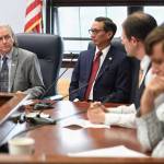 Senate Minority Leader Sen. Tom Begich, D-Anchorage, left, speaks to the media as Sen. Scott Kawasaki, D-Fairbanks, Sen. Jesse Kiehl, D-Juneau, and Sen. Bill Wielechowski, D-Anchorage, listen after a failed override vote on Gov. Mike Dunleavys budget vetoes during a Joint Session of the Alaska Legislature at the Capitol on Wednesday, July 10, 2019. (Michael Penn | Juneau Empire)