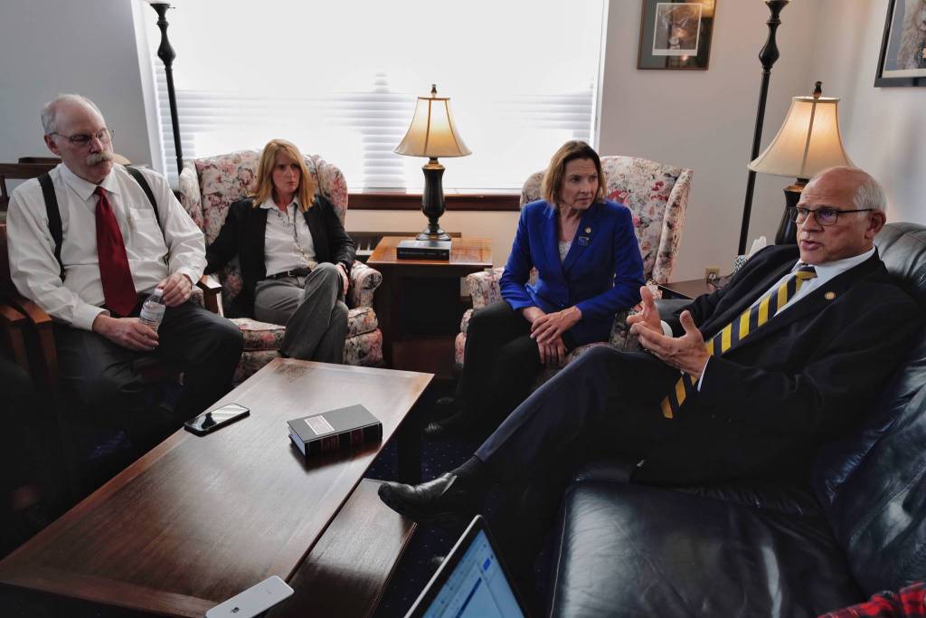 Sen. John Coghill, R-North Pole, right, Senate President Cathy Giessel, R-Anchorage, Sen. Natasha von Imhof, R-Anchorage, and Sen. Bert Stedman, R-Sitka, left, speak to the media after a failed override vote on Gov. Mike Dunleavys budget vetoes during a Joint Session of the Alaska Legislature at the Capitol on Wednesday, July 10, 2019. (Michael Penn | Juneau Empire)