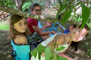 Grands Marguerite Vallee, Cecilia Fitzpatrick and Genevieve Vallee seek shade, solace, companionship and Doritos under the lilacs on the Fourth of July in the Kachemak Gardeners garden. (Photo by Rosemary Fitzpatrick)