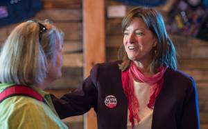 Michael Penn | Juneau Empire                                Alyse Galvin, indpendent candidate for U.S. House of Representatives, right, speaks with Marilyn Orr during a town-hall-style coffee and conversation at 60 Degrees North Coffee and Tea on Sept. 14, 2018. Galvin is running against Republican incumbent Rep. Don Young.