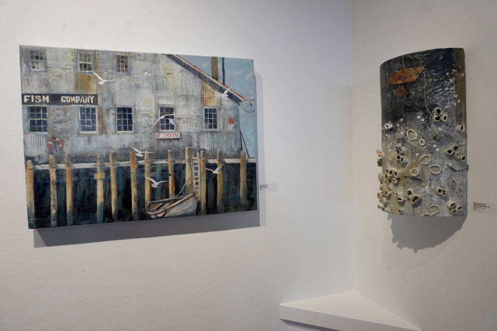 Some of Antoinette Walkers encaustic paintings on exhibit in July 2019 at Bunnell Street Arts Center in Homer, Alaska. (Photo by Michael Armstrong/Homer News)