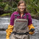 Photo by Joe Yelverton                                Cook Inletkeeper Science Director Sue Mauger does stream monitoring in this August 2018 photo.