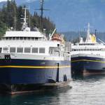 The Alaska Marine Highway System ferries LeConte, left, Malaspina and Tazlina, hidden from view, are tied up at the Auke Bay Terminal on Thursday, July 25, 2019. The Inland Boatmens Union of the Pacific called a strike on Wednesday over failed negotiations with Gov. Mike Dunleavys administration. (Michael Penn | Juneau Empire)