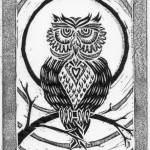 Owl, a woodcut by Mfanwy Dean.