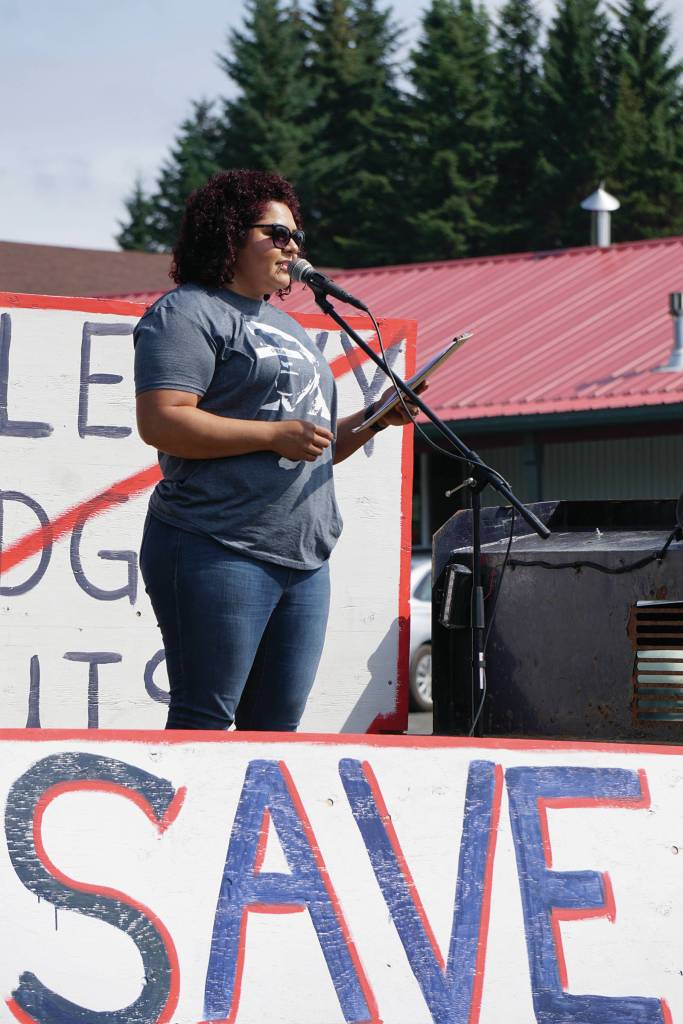 Xochitl Lopez-Ayala speaks at a rally Sunday, July 28, 2019, against Gov. Mike Dunleavys budget cuts at the Legislative Information Office, Homer, Alaska. (Photo by Michael Armstrong/Homer News).