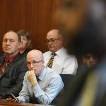 House member Rep. Gary Knopp, R-Kenai, left, Rep. Sara Hannan, D-Juneau, Rep. Jonathan Kreiss-Tomkins, D-Sitka, and Rep. Andy Josephson, D-Anchorage, listen to Sen. David Wilson, R-Wasilla, from the Senate gallery as Wilson speaks on the the operating budget at the Capitol on Monday, July 29, 2019 (Michael Penn | Juneau Empire)