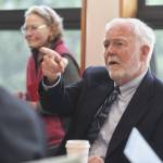 Michael Penn / Juneau Empire File                                Richard Caulfield, chancellor at the University of Alaska Southeast, watches an online meeting being held at UA campuses around the state on Gov. Mike Dunleavys budget cuts on July 15.