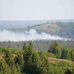 The North Fork fire burns near the south end of the North Fork Road on Monday morning, Aug. 19, 2019, near Homer, Alaska, as seen from Diamond Ridge Road. (Photo by Michael Armstrong/Homer News)