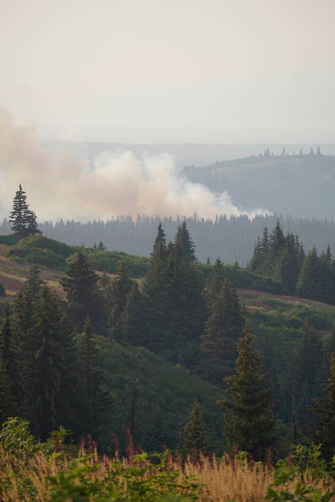 The North Fork fire burns near the south end of the North Fork Road on Sunday evening, Aug. 18, 2019, near Homer, Alaska, as seen from Diamond Ridge Road. (Photo by Michael Armstrong/Homer News)