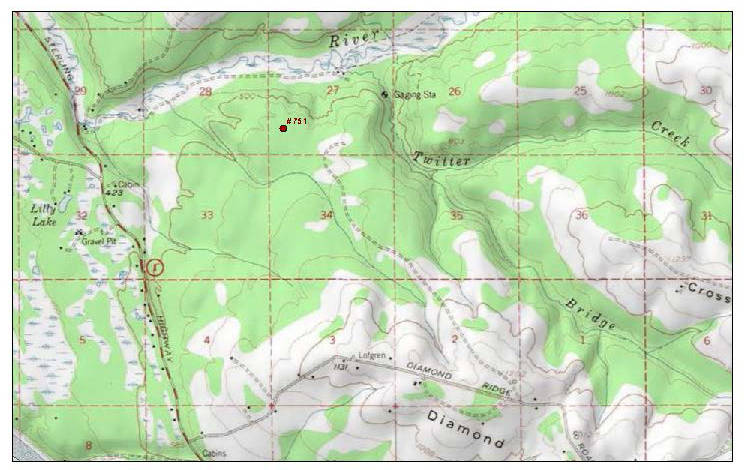 A map of the North Fork area shows the fire location, number 751, in the southwest corner of section 27 near the Anchor River about 1.5 miles east of the Sterling Highway near miles 164-165. In the Kachemak Emergency Services Area, the fire is off the south end of the North Fork Road between Homer and Anchor Point. (Map provided, Alaska Interagency Fire Information Office)