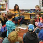 Fireweeed Academy teacher Stephanie Zuniga performs a song for her fifth- and sixth-grade students at the end of the first day of school on Tuesday, Aug. 20, 2019, in Homer, Alaska. (Photo by Michael Armstrong/Homer News)