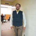 Choir teacher Kyle Schneider greets students at the start of Homer Middle School on Tuesday, Aug. 20, 2019, in Homer, Alaska. Schneider also teaches choir at Homer High School. (Photo by Michael Armstrong/Homer News)
