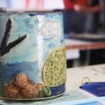 A ceramic mug created by a fair participant rests on a shelf in the exhibit hall Friday, Aug. 16, 2019 at the Kenai Peninsula Fair in Ninilchik, Alaska. (Photo by Megan Pacer/Homer News)