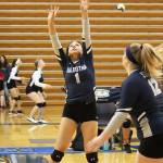 Soldotnas Hosanna Van Hout sets the ball during a Saturday, Aug. 24, 2019 volleyball game Saturday, Aug. 24, 2019 during the Homer Jamboree tournament at the Alice Witt Gymnasium in Homer, Alaska. (Photo by Megan Pacer/Homer News)