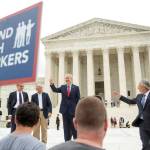 AP Photo | Andrew Harnik                                 Illinois Gov. Bruce Rauner gives a thumbs up outside the Supreme Court in June 2018 in Washington. From left are, Liberty Justice Centers Director of Litigation Jacob Huebert, plaintiff Mark Janus, Rauner, and Liberty Justice Center founder and chairman John Tillman. The Supreme Court ruled that government workers cant be forced to contribute to labor unions that represent them in collective bargaining, dealing a serious financial blow to organized labor.