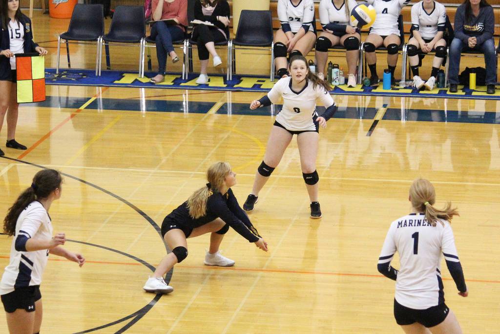 Homers Sela Weisser bumps the ball to her teammates in a Thursday, Aug. 29, 2019 volleyball game against the Kodaik Bears in the Alice Witte Gymnasium in Homer, Alaska. (Photo by Megan Pacer/Homer News)
