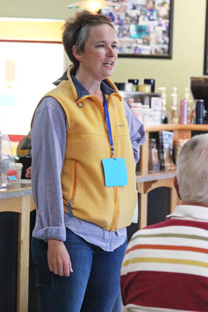 Rep. Sarah Vance (R-Homer) addresses a crowd of people during a legislative update meeting Thursday, Aug. 29, 2019 at Captains Coffee in Homer, Alaska. (Photo by Megan Pacer/Homer News)