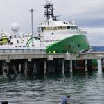 The Polarcus Alima is moored at the Pioneer Dock on the Homer Spit on Monday, Sept. 9, 2019, in Homer, Alaska. The seismic exploration vessel will be used under contract to Hilcorp to do seismic testing in federal waters of lower Cook Inlet in September. (Photo by Michael Armstrong/Homer News)
