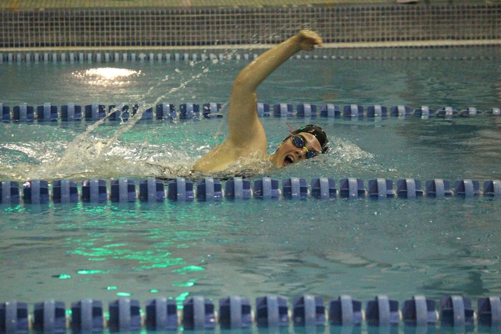Kenais Rachael Pitsch swims to first place in the girls 500 yard freestyle race during the Homer Invite on Saturday, Sept. 7, 2019 at the Kate Kuhns Aquatic Center in Homer, Alaska. (Photo by Megan Pacer/Homer News)
