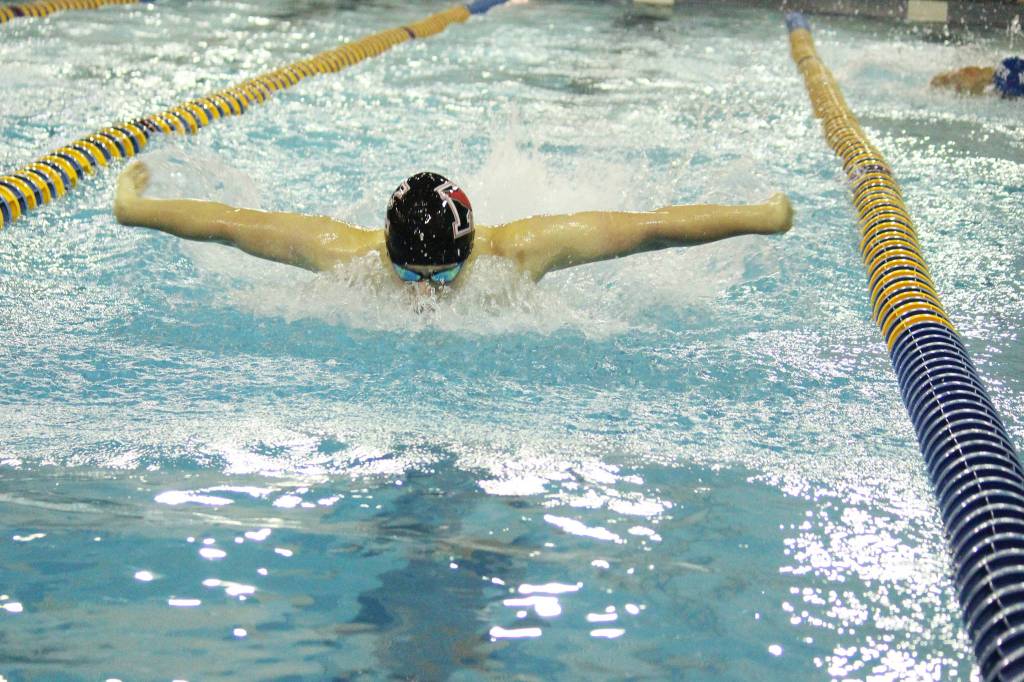 Kenais Owen Rolph swims in the boys 100 yard butterfly race during the Homer Invite on Saturday, Sept. 7, 2019 at the Kate Kuhns Aquatic Center in Homer, Alaska. (Photo by Megan Pacer/Homer News)