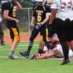 Houstons Owen Mulhaney looks to the referees after making a touchdown during a football game against Homer High School on Friday, Sept. 6, 2019 at the school in Homer, Alaska. (Photo by Megan Pacer/Homer News)