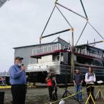 Homer Mayor Ken Castner speaks at the launch of the Goldbelt Seawolf on Tuesday, Sept. 10, 2019, at the Northern Enterprises Boatyard in Homer, Alaska. (Photo by Michael Armstrong/Homer News)