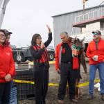 Katherine Eldemar, vice-chair of the board of directors of Goldbelt Inc., speaks at the launch of the Goldbelt Seawolf on Tuesday, Sept. 10, 2019, at the Northern Enterprises Boatyard in Homer, Alaska. (Photo by Michael Armstrong/Homer News)