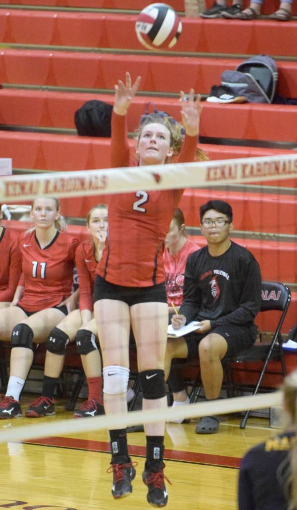 Kenai Centrals Bethany Morris attacks against Homer on Tuesday, Sept. 10, 2019, at Kenai Central High School in Kenai, Alaska. (Photo by Jeff Helminiak/Peninsula Clarion)