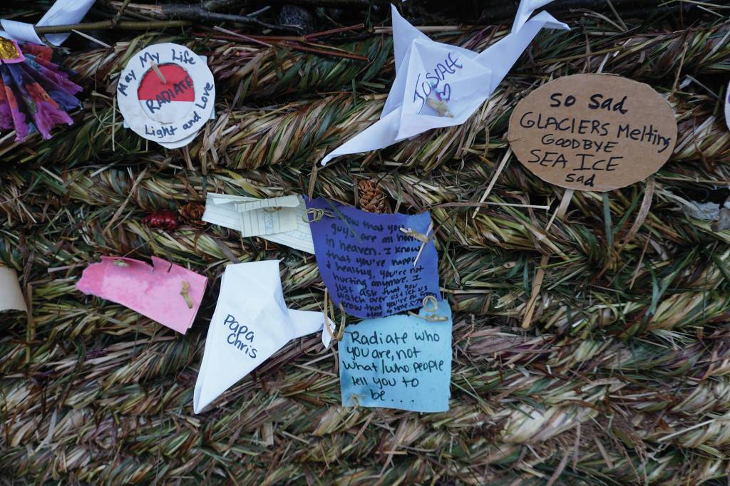 Some of the messages on Radiate, the 16th annual Burning Basket. The basket was burned on Sunday night, Sept. 15, 2019, at Mariner Park on the Homer Spit in Homer, Alaska. (Photo by Michael Armstrong/Homer News)