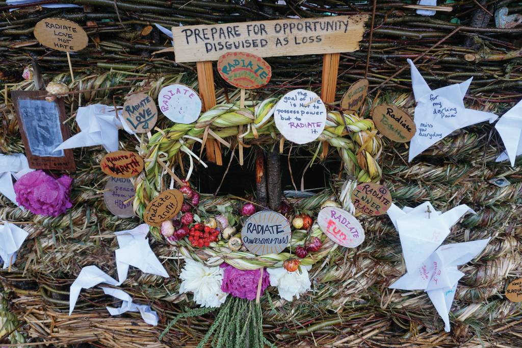 Some of the messages on Radiate, the 16th annual Burning Basket. The basket was burned on Sunday night, Sept. 15, 2019, at Mariner Park on the Homer Spit in Homer, Alaska. (Photo by Michael Armstrong/Homer News)