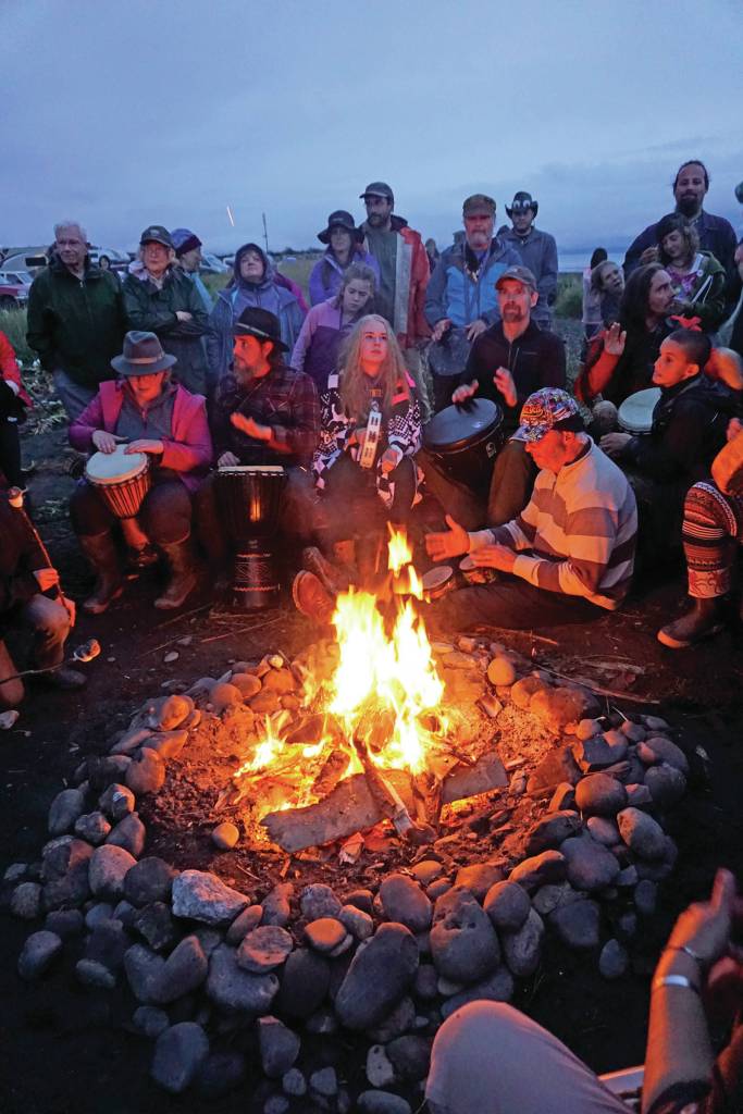 Drummers play at Radiate, the 16th annual Burning Basket, on Sunday night, Sept. 15, 2019, at Mariner Park on the Homer Spit in Homer, Alaska. (Photo by Michael Armstrong/Homer News)