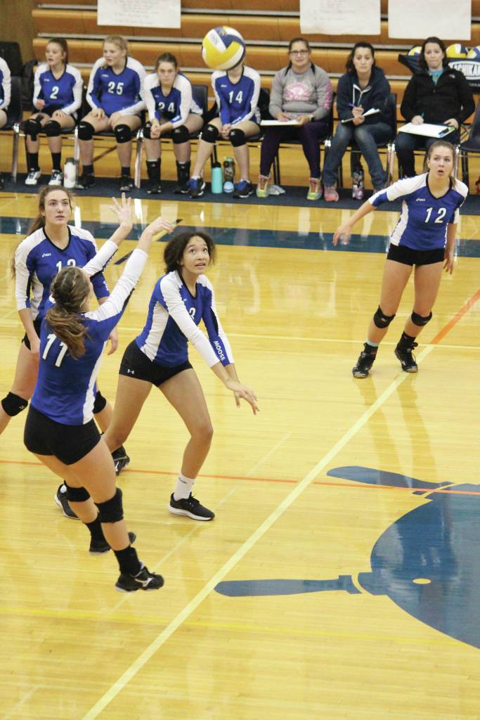 Palmers Kelsey Giese sets the ball to teammate Kristen Beames (No. 12) during a Thursday, Sept. 12, volleyball game against Homer High School in the Alice Witte Gymnasium.