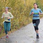 Homers Elizabeth Roedl and Homers Stacey Buckelew compete in the Kenai River Marathon on Sunday, Sept. 29, 2019, in Alaska. Buckelew won the Marathon, while Roedl was second. (Photo by Jeff Helminiak/Peninsula Clarion)