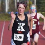 Kenais Maison Dunham runs to a third-place finish in the Div. II boys state cross-country championships Saturday, Oct. 5, 2019, on the Bartlett High trails in Anchorage, Alaska. (Photo by Joey Klecka/Peninsula Clarion)