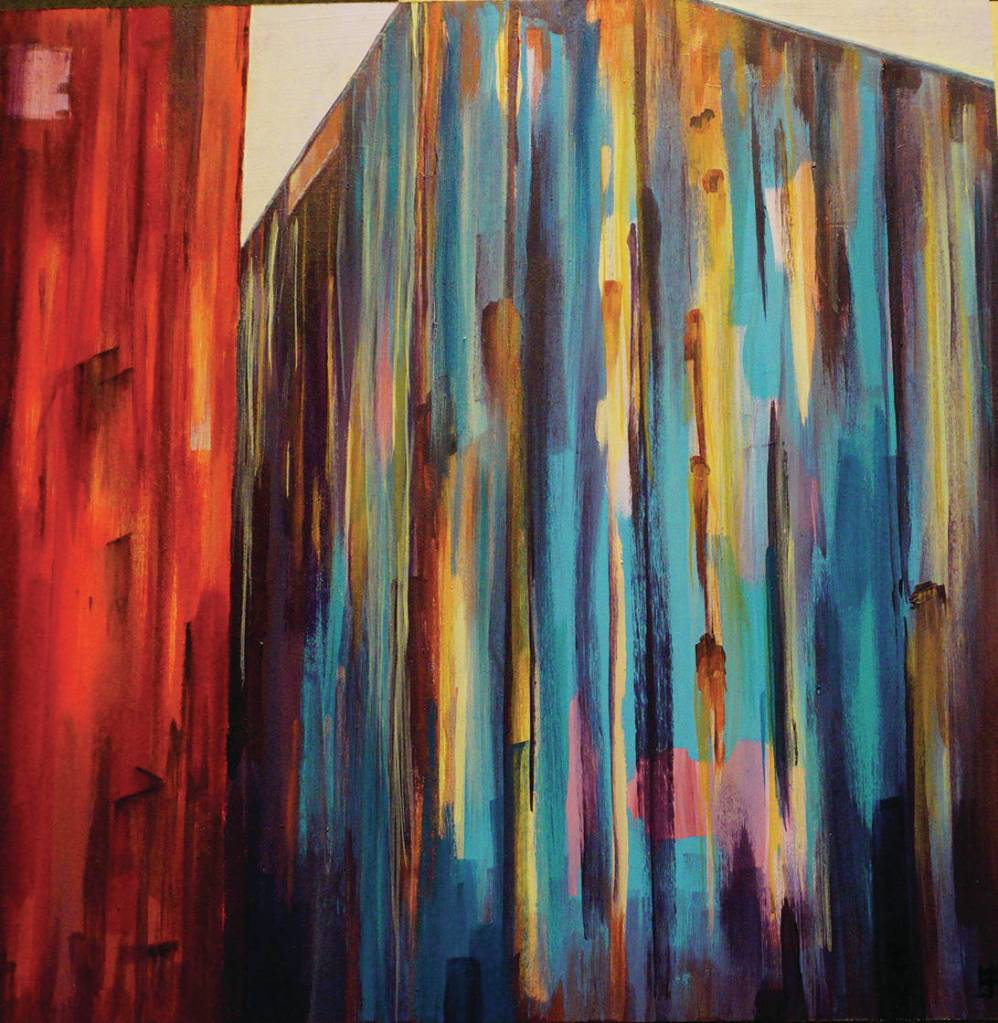 Holly Brennans Spit Buddie, one of her paintings at the First Friday, Oct. 4, 2019, opening of her show at Grace Ridge Brewery in Homer, Alaska. (Photo by Michael Armstrong/Homer News)