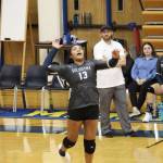 Soldotnas Ituau Tuisaula jumps to hit the ball during a Tuesday, Oct. 8, 2019 volleyball game at Homer High School in Homer, Alaska. (Photo by Megan Pacer/Homer News)