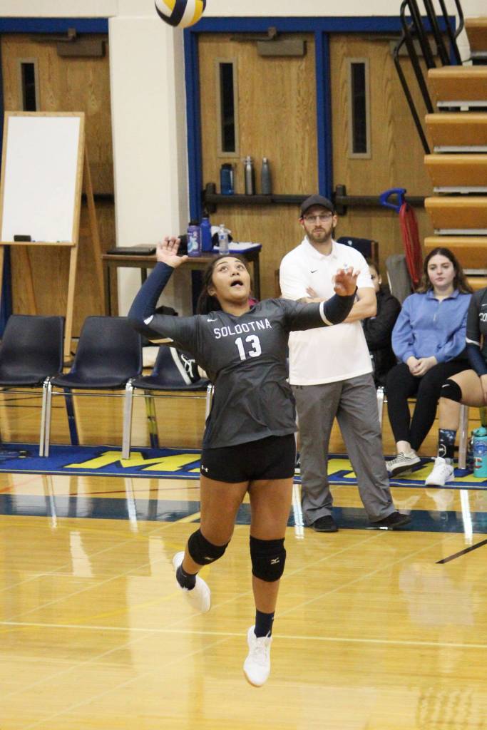 Soldotnas Ituau Tuisaula jumps to hit the ball during a Tuesday, Oct. 8, 2019 volleyball game at Homer High School in Homer, Alaska. (Photo by Megan Pacer/Homer News)