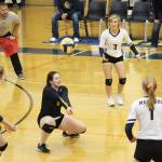 Homers Kitri Classen digs a ball during a Tuesday, Oct. 8, 2019 volleyball game against Soldotna High School in the Alice Witte Gymnasium in Homer, Alaska. (Photo by Megan Pacer/Homer News)