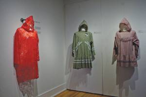 Some of the fiber art works at the opening of the Kuspuk/Qaspeq/Atikluk show on Oct. 5, 2019, at Bunnell Street Arts Center in Homer, Alaska. (Photo by Michael Armstrong/Homer News)